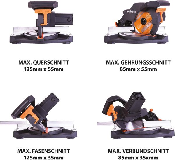 Evolution Gehrungssäge R210CMS | 1200 W Gehrungssäge | Inkl. Ø 210 mm HM-Sägeblatt Multi-Material-Schneiden Holz. Aluminium. Stahl. Kunststoff | 0°- 45° Fase und 45°- 45° Gehrungswinkel | Kappsäge – Bild 4
