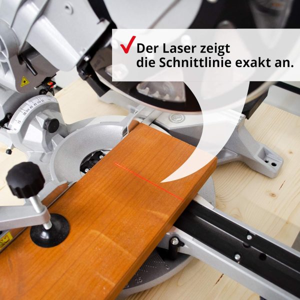 HECHT Zug-Kapp-Gehrungssäge ??starke 1800 Watt ??mit HM-Sägeblatt ??Hohe Schnitt-kapazität mit Winkel von -45° bis +45° ??robuster Drehtisch ??LED Schnittlinien-Laser ??Mit Staubfangbeutel – Bild 7