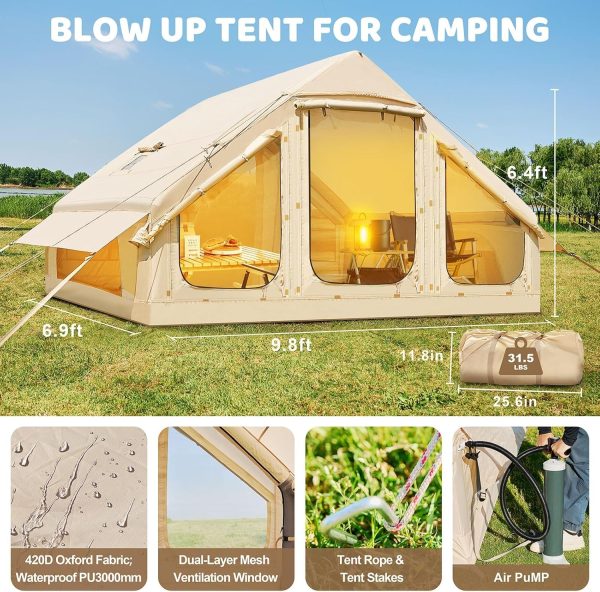 Aufblasbares Zelt f??r Camping Outdoor Zelt f??r 2-4 Personen mit Luftpumpe. Kamin?ffnung Aufblasbares Gampingzelt aus Wasserdichtem Oxford-Stoff Air Glamping Zelte f??r 4 Jahreszeiten Camping – Bild 7