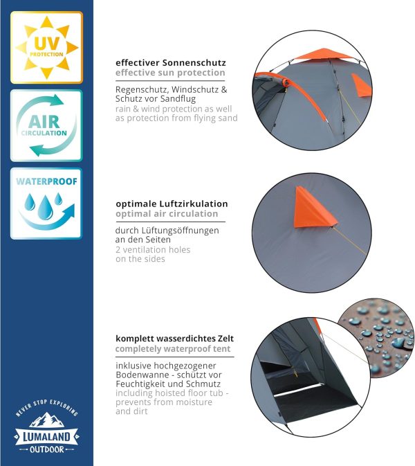 Lumaland Pop Up Zelt | 3-4 Personen Familienzelt | Wurfzelt Innenma?e 210x210x120 cm | Wasserdicht & Windfest | Ideal als Camping. Festival & Reise Zelt | Ultraleicht & Robust – Bild 5