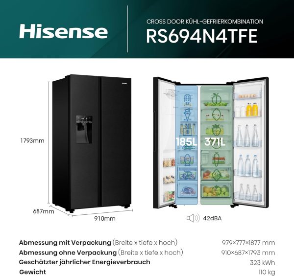 Hisense RS694N4TFE Side-by-Side K??hl-Gefrierkombination/ NoFrostPlus/ Inverter-Kompressor/ Eis-Wasser Spender/ HolidayMode/ 178.6 cm/ K??hlteil 371 l/ Gefrierteil 191 l/ 42 dB/ 323 kWh/ Jahr. Schwarz – Bild 2