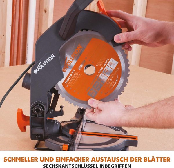 Evolution Gehrungssäge R210CMS | 1200 W Gehrungssäge | Inkl. Ø 210 mm HM-Sägeblatt Multi-Material-Schneiden Holz. Aluminium. Stahl. Kunststoff | 0°- 45° Fase und 45°- 45° Gehrungswinkel | Kappsäge – Bild 15