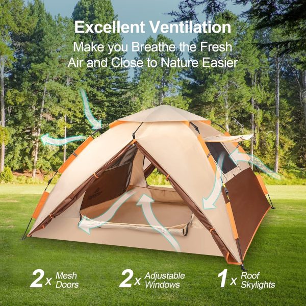 Camping Zelt. Pop Up Zelt 3 Personen Familie Kuppelzelt Wasserdicht Winddicht mit 2 Mesh-T??r. 2 Mesh-Fenster. 2 in 1 Doppelschichten. Tragetasche f??r Camping Wandern Backpacking – Bild 8