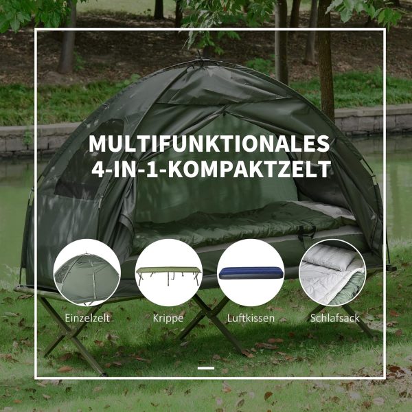 Outsunny Feldbett 4 in 1 Camping Set mit Zelt Schlafsack Matratze faltbar. Dunkelgr??n – Bild 3