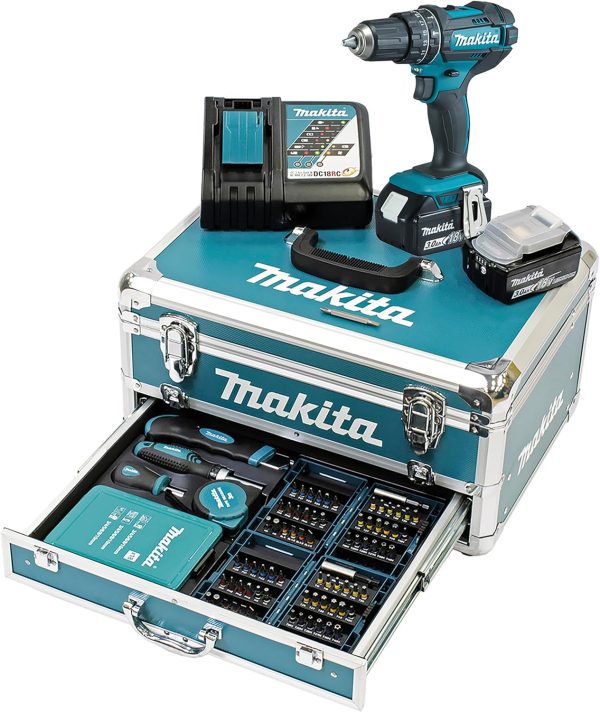 Makita DHP482RFX9 Schlagbohrschrauber 18V / 3.0 Ah. 2 Akkus plus Ladegerät im Alukoffer. Petrol. 96-tlg. Zubehör-Set