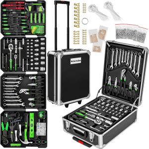 tectake Werkzeugkoffer. Werkzeugset. Werkzeugkoffer gefüllt 1200-teilig. Werkzeugtrolley. Werkzeugkiste mit 4 Ebenen. Aluminium Koffer mit Rollen und Teleskopgriff - schwarz