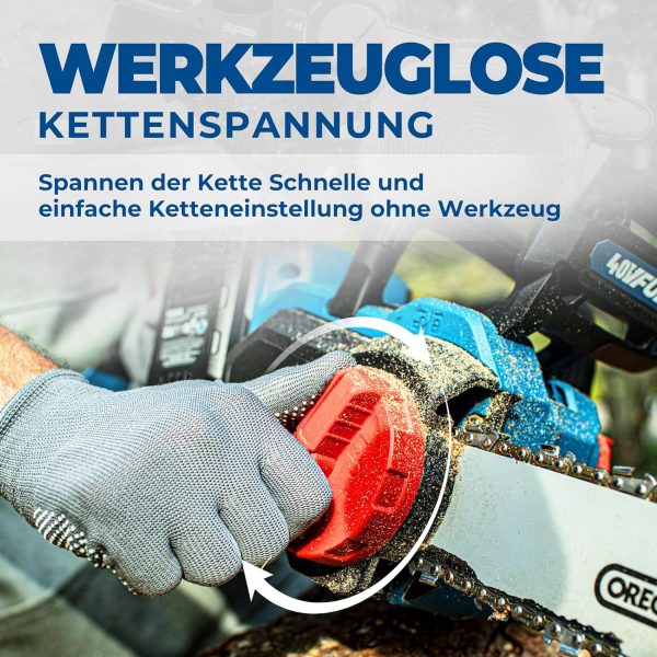 DongCheng Akku Kettensäge 40V. Motorsäge Akku 38 cm Schnittlänge. Bürstenloser Motor 14 m/s Schnittgeschwindigkeit. Elektrisch Kettensäge mit 2x4.0Ah Akku und Ladegerät – Bild 7