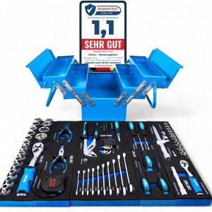 Werkzeugkiste blue Edition | klassischer Metall-Werkzeugkasten gefüllt mit Werkzeug - 86tlg. Sortiment - blau