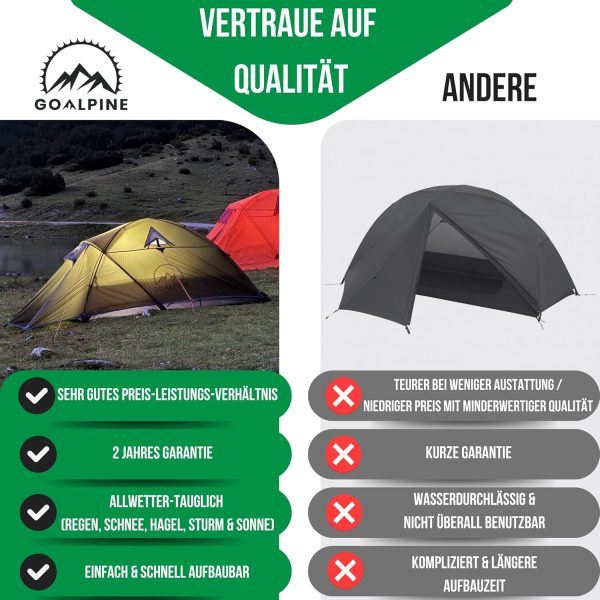 GOALPINE? Zelt f??r 1 & 2 gro?e Personen | wasserdicht 4000mm | kleines Packma? | zum Wandern. Bergtouren & Bikepacking | Ultraleicht | 4 Jahreszeiten | schneller aufbau – Bild 6
