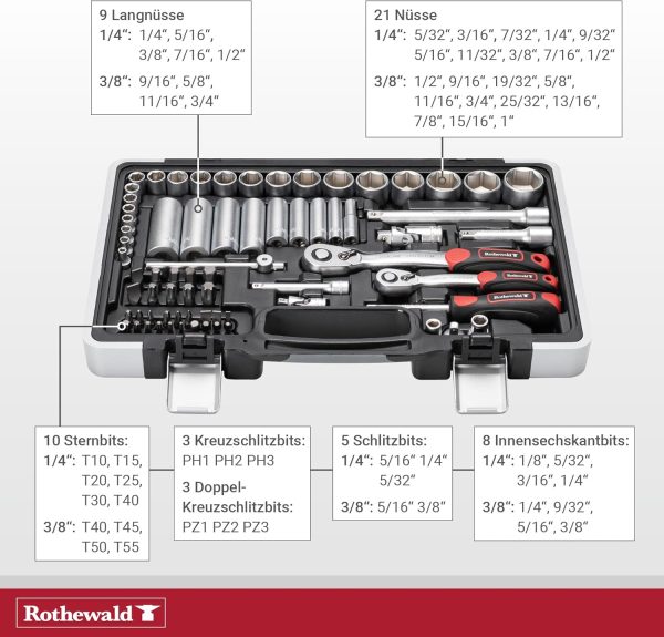 Zoll-Werkzeugsatz. 92 Teile. Herausnehmbare Bithalter Für Zoll-Bits. Feinverzahnte Ratschen. Erleichtert Kontrolliertes Schrauben. Chrom-Vanadium-Stahl – Bild 4