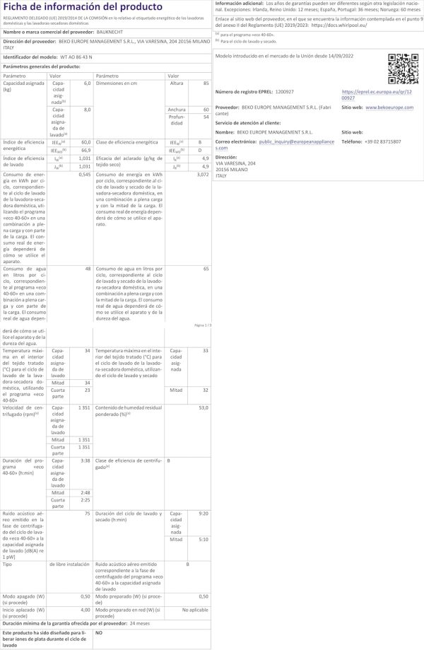 Bauknecht WT AO 86 43 N Waschtrockner /8/6 kg Waschen/Trocknen/Flecken 40?? / Dampf-Programm/Dynamic Inverter-Motor/Wolle-Programm/Nachlegefunktion/Kurz 30'/ AutoClean/Startzeitvorwahl – Bild 17