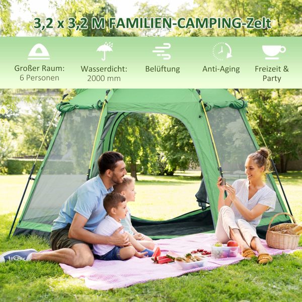 Outsunny Camping Zelt 6 Personen Zelt Familienzelt Kuppelzelt Kunstleder2000mm einfache Einrichtung f??r Familien Trekking Festival Stahl Glasfaser Gr??n 320 x 320 x 180 cm – Bild 3