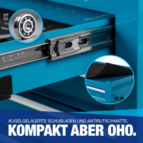 Werkstattwagen inkl. Werkzeug 70 Teile - 4 Schubladen + großes Fach - Kugelgelagerte Schubladen - Transportsicherung - 2 Rollen m. Feststellbremse - Werkzeugwagen - PERFEKTE WERKSTATTORGANISATION – Bild 3