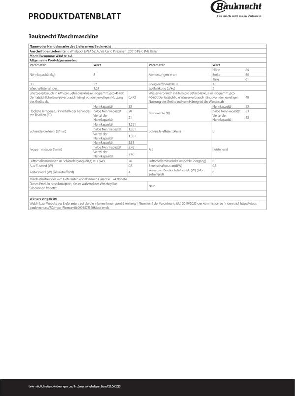 Bauknecht WAM 814 A Waschmaschine Frontlader/8kg/Energieeffizienzklasse A/Kurz 45/Anti-Allergie-Programm/Wolleprogramm/Kurz 30/Startzeitvorwahl/AutoClean/Flecken 40?? – Bild 12