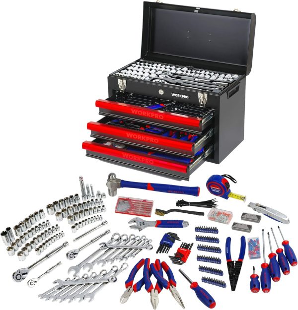 WORKPRO Werkzeugkoffer groß. 408tlg. Werkzeugsatz mit 3 Metall Schubladen. Heavy Duty Werkzeugschrank für Mechaniker. Werkstatt. Garage. Wekrzeug Set für Profis