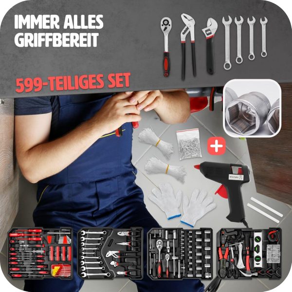 tectake® Werkzeug Set im Aluminium Koffer. Werkzeugkoffer gefüllt. 599-tlg.. Tool Werkzeugwagen fahrbar. Trolley mit 4 Ebenen. Teleskopgriff. Werkzeugkiste groß. Elektriker Werkzeug - schwarz – Bild 8