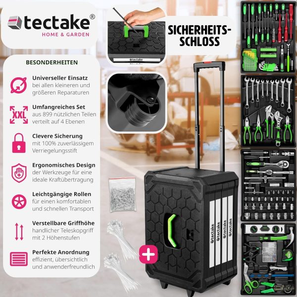 tectake® Werkzeug Set im Aluminium Koffer. Werkzeugkoffer gefüllt 899-tlg.. Tool Werkzeugwagen fahrbar. Trolley mit 4 Schubladen. Teleskopgriff. Werkzeugkiste groß für Profi und Haushalt - schwarz – Bild 2