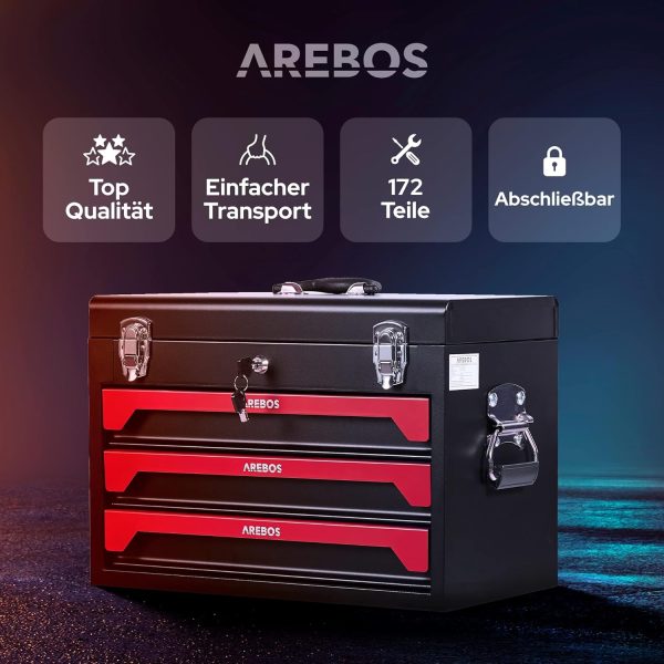 Arebos Werkzeugkoffer inkl. 172-tlg. Werkzeugset aus Chrom Vanadium Steckschlüssel Set | für Haushalt. Garage & Werkstatt | bestückte Werkzeugbox mit 3 Schubladen | abschließbar | Rot/Schwarz – Bild 3