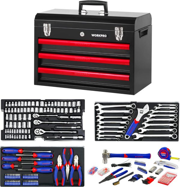 WORKPRO Werkzeugkoffer groß. 408tlg. Werkzeugsatz mit 3 Metall Schubladen. Heavy Duty Werkzeugschrank für Mechaniker. Werkstatt. Garage. Wekrzeug Set für Profis – Bild 2