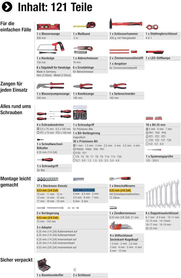Meister Werkzeugkoffer 121-teilig - Stabiler Alu-Koffer - Werkzeug-Set - Für Haushalt. Garage & Werkstatt / Profi befüllt / Werkzeugkiste / Werkzeugbox komplett / 8971460 – Bild 3