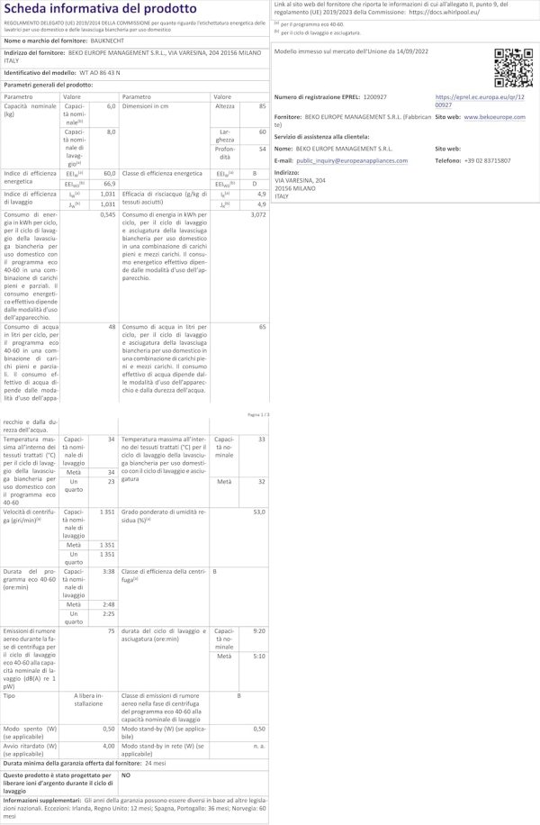 Bauknecht WT AO 86 43 N Waschtrockner /8/6 kg Waschen/Trocknen/Flecken 40?? / Dampf-Programm/Dynamic Inverter-Motor/Wolle-Programm/Nachlegefunktion/Kurz 30'/ AutoClean/Startzeitvorwahl – Bild 18