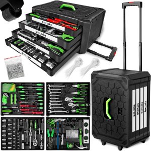 tectake® Werkzeug Set im Aluminium Koffer. Werkzeugkoffer gefüllt 899-tlg.. Tool Werkzeugwagen fahrbar. Trolley mit 4 Schubladen. Teleskopgriff. Werkzeugkiste groß für Profi und Haushalt - schwarz