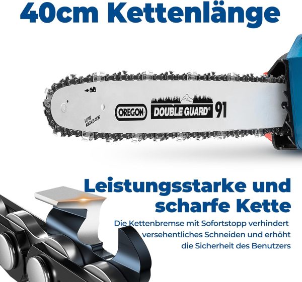 DongCheng Akku Kettensäge 40V. Motorsäge Akku 38 cm Schnittlänge. Bürstenloser Motor 14 m/s Schnittgeschwindigkeit. Elektrisch Kettensäge mit 2x4.0Ah Akku und Ladegerät – Bild 4