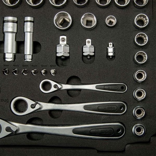 Werkzeugkoffer gefüllt mit Steckschlüsselsatz 1/4 + 3/8 + 1/2 Zoll Knarren und Ratschen | Bitsatz & Stecknuss Set für Fahrrad und KFZ Reparatur | Bestückter Profi Werkzeugkasten für Schrauber | WGB – Bild 6