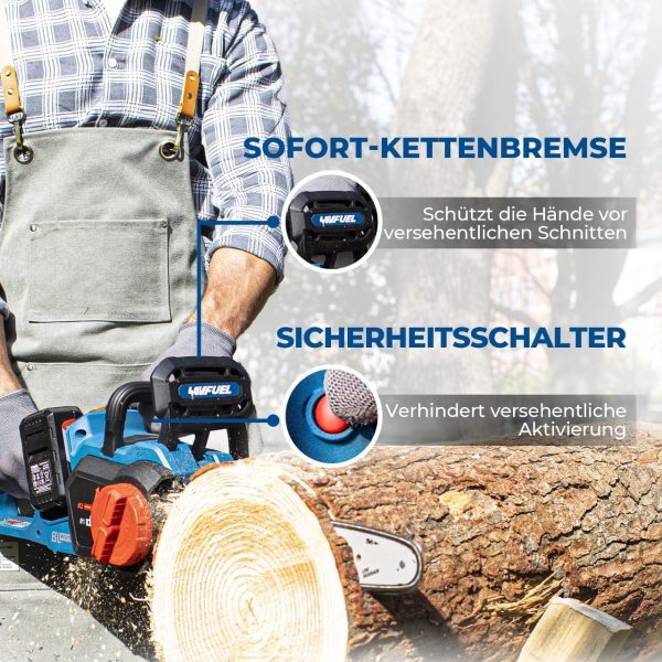DongCheng Akku Kettensäge 40V. Motorsäge Akku 38 cm Schnittlänge. Bürstenloser Motor 14 m/s Schnittgeschwindigkeit. Elektrisch Kettensäge mit 2x4.0Ah Akku und Ladegerät – Bild 6