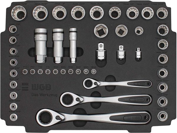 Werkzeugkoffer gefüllt mit Steckschlüsselsatz 1/4 + 3/8 + 1/2 Zoll Knarren und Ratschen | Bitsatz & Stecknuss Set für Fahrrad und KFZ Reparatur | Bestückter Profi Werkzeugkasten für Schrauber | WGB – Bild 3