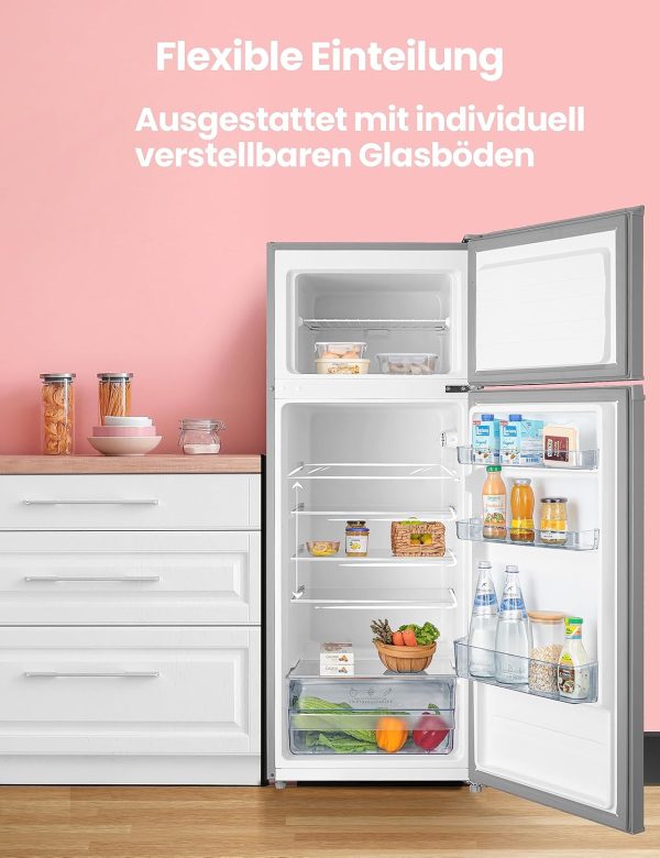Comfee RCT284DS2 K??hl-/Gefrierkombination/Gefrierteil oben/176 kWh/Jahr/143cm H?he/LED Licht/Reversibles T??rscharnier/Silber – Bild 2