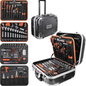 Werkzeugkoffer 123 tlg Werkzeug Set mit Trolley-Funktion. Werkzeugkasten mit Ratsche Schraubenschlüssel Hammer und anderes. Chrom-Vanadium Stahl. Werkzeug im stabilem Aluminiumkoffer