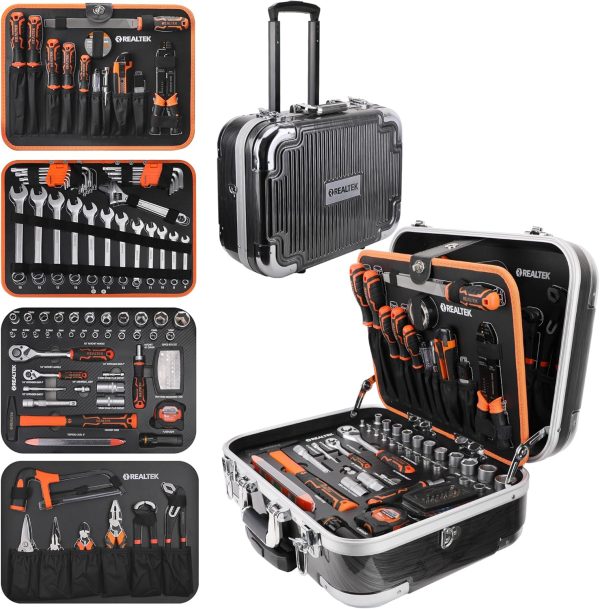 Werkzeugkoffer 123 tlg Werkzeug Set mit Trolley-Funktion. Werkzeugkasten mit Ratsche Schraubenschlüssel Hammer und anderes. Chrom-Vanadium Stahl. Werkzeug im stabilem Aluminiumkoffer
