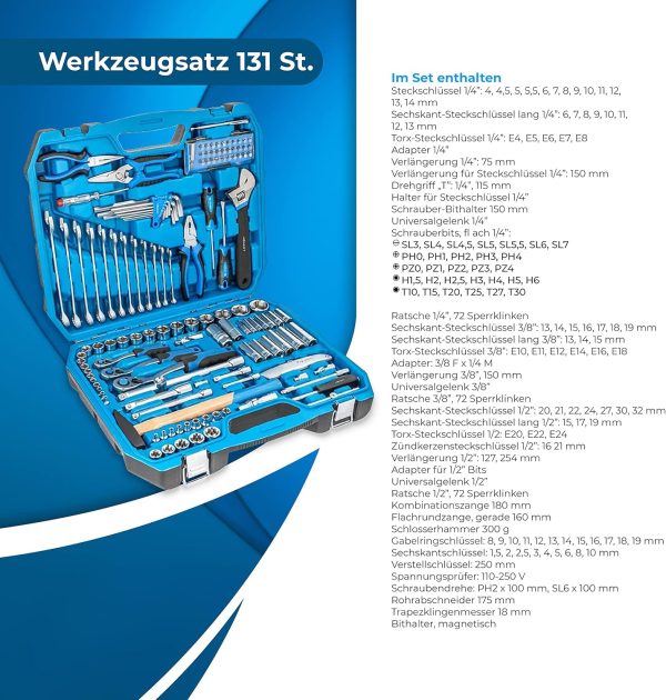 Högert Technik - Werkzeugkoffer Gefüllt. Werkzeugkasten mit Steckschlüssel. Bits und Zubehör. Werkzeug Set Chrom-Vanadium-Legierungsstahl. Werkzeugset Gesenkgeschmiedet. Toolbox HT1R439-131-tlg – Bild 2
