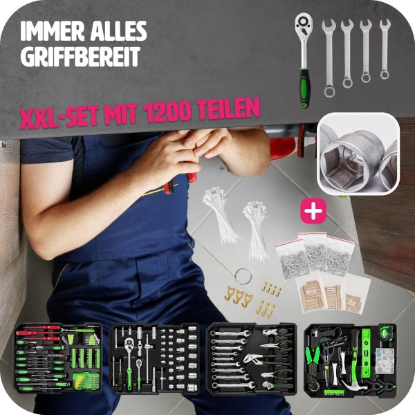 tectake Werkzeugkoffer. Werkzeugset. Werkzeugkoffer gefüllt 1200-teilig. Werkzeugtrolley. Werkzeugkiste mit 4 Ebenen. Aluminium Koffer mit Rollen und Teleskopgriff - schwarz – Bild 10