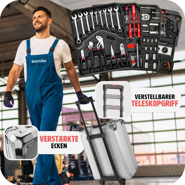 tectake® Werkzeug Set im Aluminium Koffer. Werkzeugkoffer gefüllt. 599-tlg.. Tool Werkzeugwagen fahrbar. Trolley mit 4 Ebenen. Teleskopgriff. Werkzeugkiste groß. Elektriker Werkzeug - schwarz – Bild 4