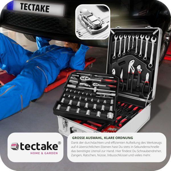 tectake® Werkzeug Set im Aluminium Koffer. Werkzeugkoffer gefüllt. 599-tlg.. Tool Werkzeugwagen fahrbar. Trolley mit 4 Ebenen. Teleskopgriff. Werkzeugkiste groß. Elektriker Werkzeug - schwarz – Bild 5
