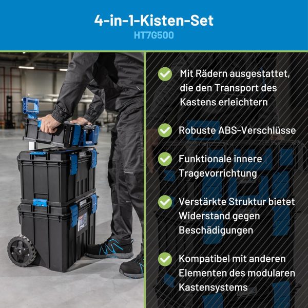 Högert Technik - 4 in 1 Kastenset. Satz Werkzeugkisten auf Rädern. Praktisch und Geräumig. Resistent Gegen Beschädigungen. Staubdicht. Robuste ABS-Verschlüsse. Modularer Aufbau - HT7G500 – Bild 2