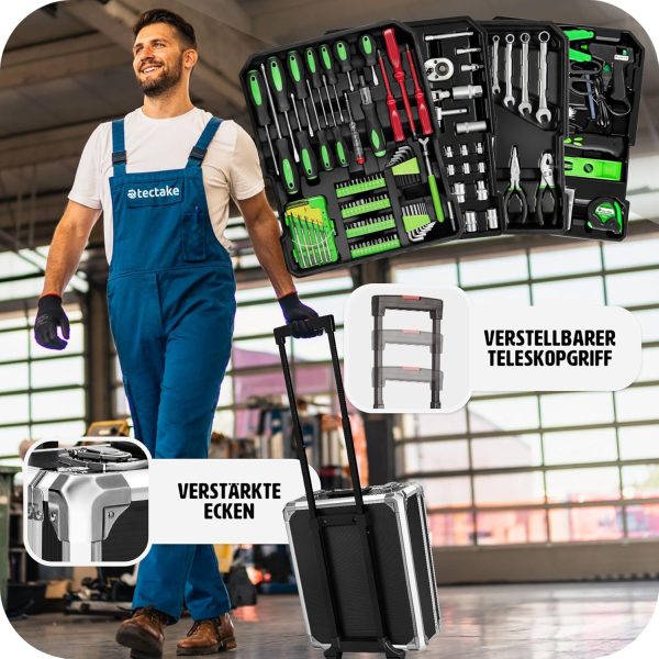 tectake Werkzeugkoffer. Werkzeugset. Werkzeugkoffer gefüllt 1200-teilig. Werkzeugtrolley. Werkzeugkiste mit 4 Ebenen. Aluminium Koffer mit Rollen und Teleskopgriff - schwarz – Bild 6