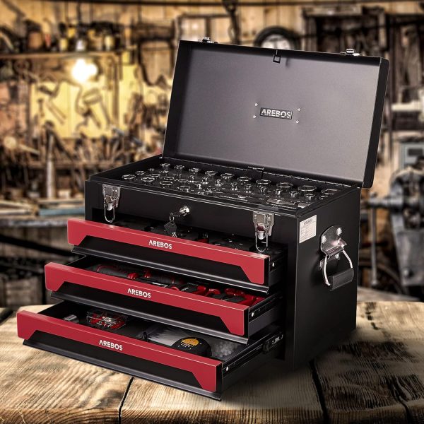Arebos Werkzeugkoffer inkl. 172-tlg. Werkzeugset aus Chrom Vanadium Steckschlüssel Set | für Haushalt. Garage & Werkstatt | bestückte Werkzeugbox mit 3 Schubladen | abschließbar | Rot/Schwarz – Bild 2