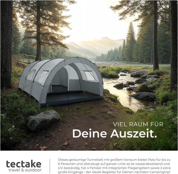 tectake? Tunnelzelt. 6 Personen. Familienzelt. Zelt gro? mit Vorzelt und Bodenplane. UV-Schutz. Camping Zelt inkl. Tragetasche. 350 x 480 x 195 cm - dunkelgrau/hellgrau – Bild 5