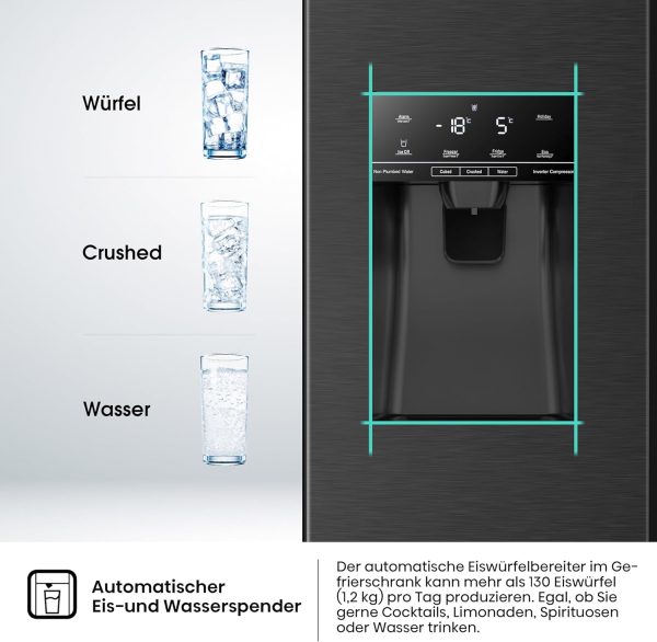 Hisense RS694N4TFE Side-by-Side K??hl-Gefrierkombination/ NoFrostPlus/ Inverter-Kompressor/ Eis-Wasser Spender/ HolidayMode/ 178.6 cm/ K??hlteil 371 l/ Gefrierteil 191 l/ 42 dB/ 323 kWh/ Jahr. Schwarz – Bild 9