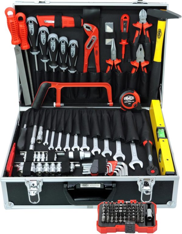 Famex 745-47 Aluminium Werkzeugkoffer gefüllt mit hochwertigem Werkzeug Set - Werkzeugkasten bestückt. für Haushalt. Garage. Werkstatt. Werkzeugkiste komplett