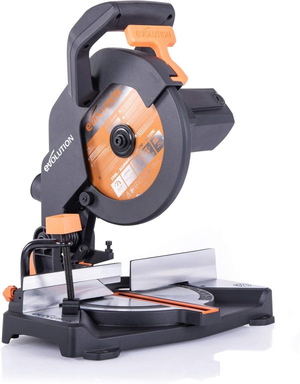 Evolution Gehrungssäge R210CMS | 1200 W Gehrungssäge | Inkl. Ø 210 mm HM-Sägeblatt Multi-Material-Schneiden Holz. Aluminium. Stahl. Kunststoff | 0°- 45° Fase und 45°- 45° Gehrungswinkel | Kappsäge