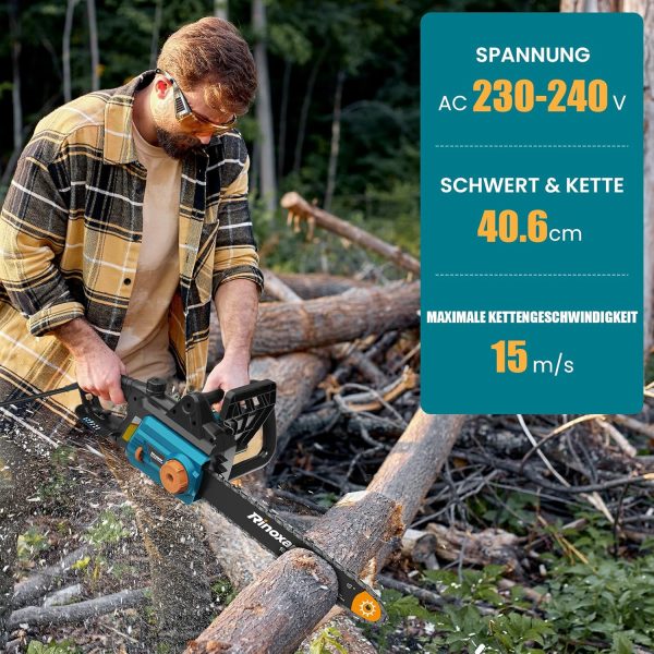 Elektro Kettensäge. 40.6 cm Elektrische Motorsäge mit Automatischer Spannungsregelung. Kettengeschwindigkeit 15 m/s. Elektrische Kettensäge mit Automatischer Ölpumpe – Bild 2
