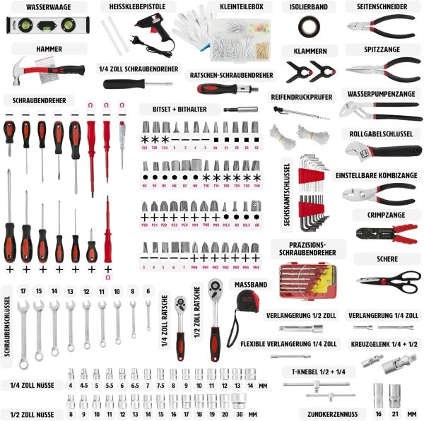 tectake® Werkzeug Set im Aluminium Koffer. Werkzeugkoffer gefüllt. 599-tlg.. Tool Werkzeugwagen fahrbar. Trolley mit 4 Ebenen. Teleskopgriff. Werkzeugkiste groß. Elektriker Werkzeug - schwarz – Bild 3
