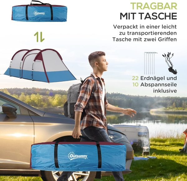 Outsunny Campingzelt. Tunnelzelt f??r 3 Personen. mit Lichthaken. Vorzelt. 2 R?umen. Winddicht Familienzelt mit Tragetasche. 2000mm Wasserabweisend Pop Up Zelt f??r Camping. Garten – Bild 7
