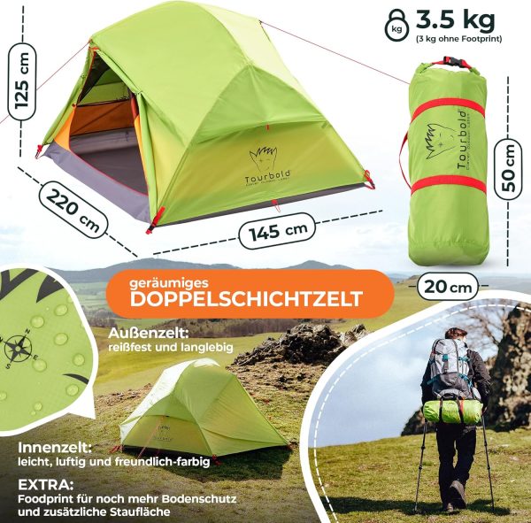 Tourbold Zelt 2 Personen | Tourbude II | kleines Packma? | Ultraleicht | wasserdicht | gro?es Innenzelt | Doppelschichtzelt | Trekking | Radfahren | Kanutour | Festival | Camping – Bild 2