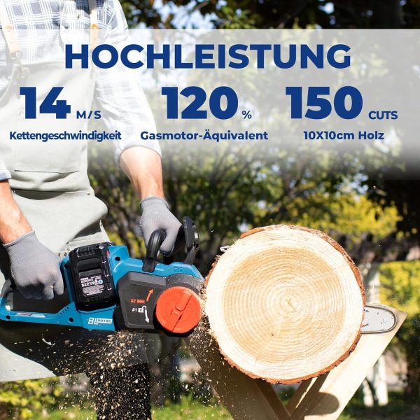 DongCheng Akku Kettensäge 40V. Motorsäge Akku 38 cm Schnittlänge. Bürstenloser Motor 14 m/s Schnittgeschwindigkeit. Elektrisch Kettensäge mit 2x4.0Ah Akku und Ladegerät – Bild 2
