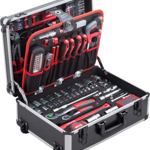 Meister Werkzeugtrolley 156-teilig - Werkzeug-Set-Mit Rollen- Teleskophandgriff/Profi Werkzeugkoffer befüllt/Werkzeugkiste fahrbar /Werkzeugbox komplett mit Werkzeug. Schwarz/Silber. 8971440